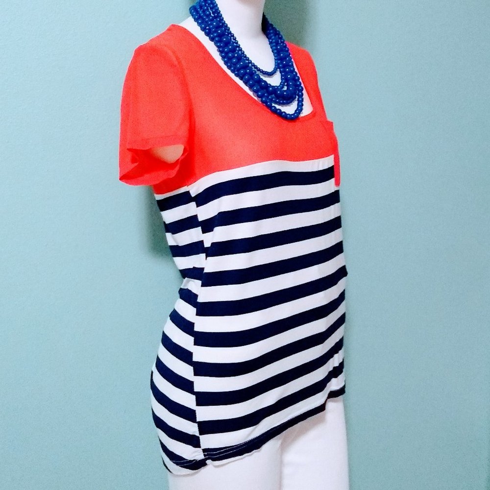 Charming Charlie Striped Navy Orange Top Sz S